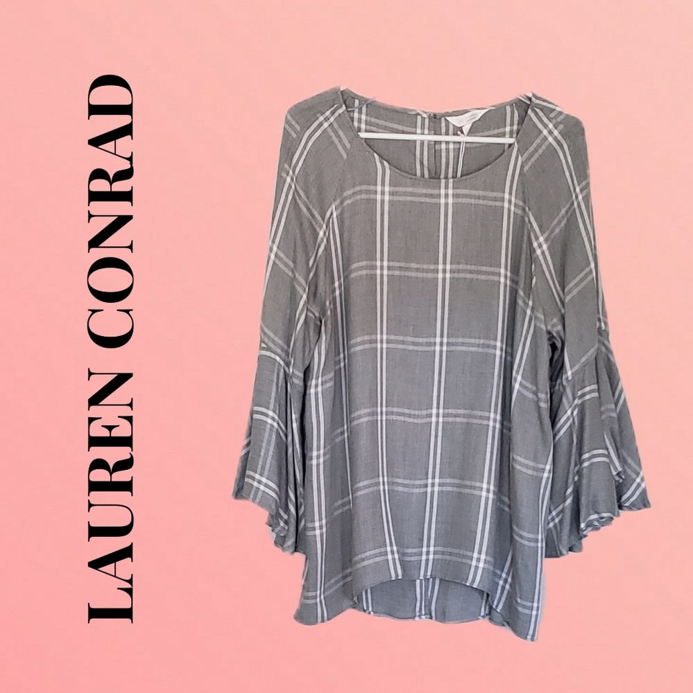 LC Gray Plaid Bell Sleeve Blouse